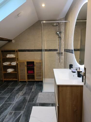 une salle de bain avec un lavabo et une douche dans l'établissement Maison d'hôtes avec Jacuzzi -Sauna, à Montreux-Château