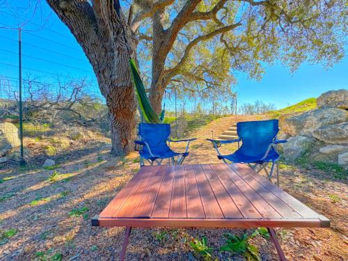 two chairs sitting on a wooden table under a tree at Starlight Horizon Cabin M - Pet-Friendly Texas Hill Country Cabin Near Canyon Lake - Pool, Stargazing & Group Getaways - Sleeps 8 in Canyon Lake