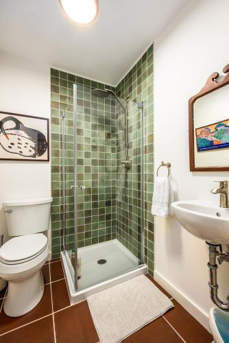 a bathroom with a shower and a toilet and a sink at The Mod Cabin in Bearsville