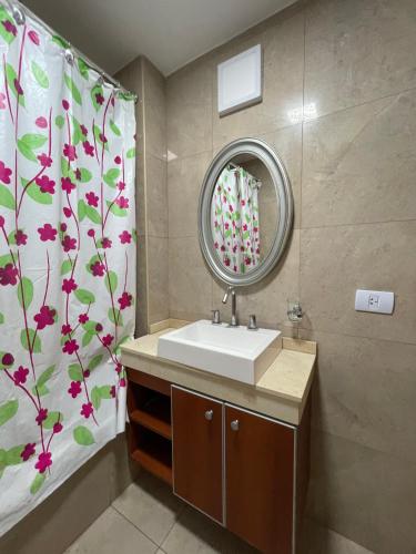 a bathroom with a sink and a mirror at Ultra comfy en Barrio Norte- un dormi con lavarrop in San Miguel de Tucumán