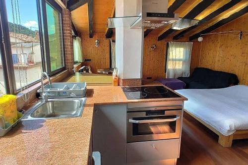 a kitchen with a sink and a bed in a room at TAO casa WOOD apartamentos in Olot