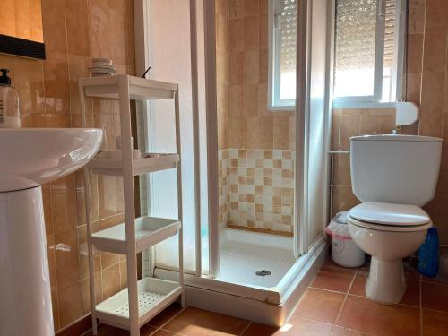 a bathroom with a shower and a toilet and a sink at Centrico Atico Apt Sleeps 4 with Patio in Almuñécar