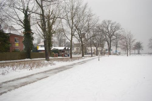 a snow covered street with trees and houses at Atlantis Landpension Steinhude in Wunstorf