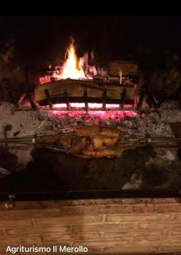 a fire in an oven with some food in it at Agriturismo Il Merollo in Todi