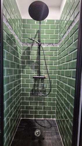 La salle de bains est pourvue de carrelage vert, d'une douche et d'un tabouret. dans l'établissement Maison Les Glycines Rouen, à Rouen