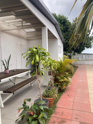 a porch of a house with a bench and plants at Maison reposante in Le Tampon