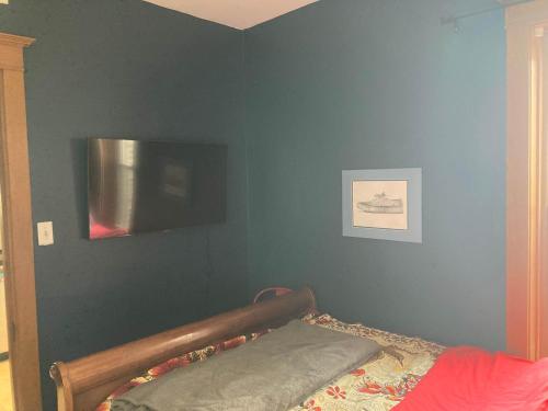 a bedroom with a blue wall with a bed and a television at Dorothy's in Chicago