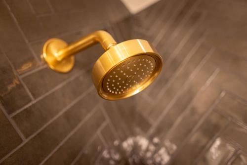 a shower with a gold shower head in a bathroom at Sinclair Suites - Stylish Retro Boutique Hotel in West Dundee