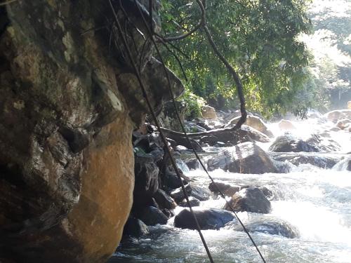 a river with rocks and trees in the background at Riverston Nature Villa in Rattota