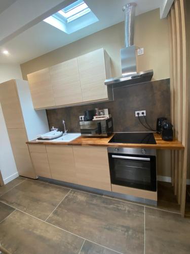 une cuisine avec un évier et une cuisinière dans l'établissement Studio Claudia, à Ormesson-sur-Marne