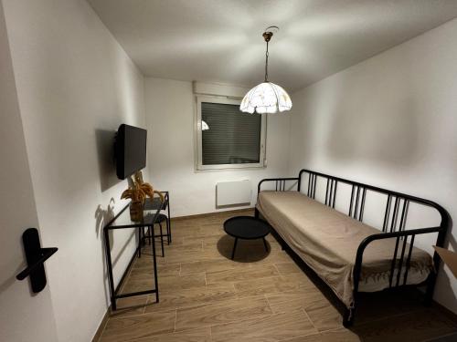 a bedroom with a bed and a tv and a window at Le Sarsour Appartement Strasbourg Centre in Strasbourg