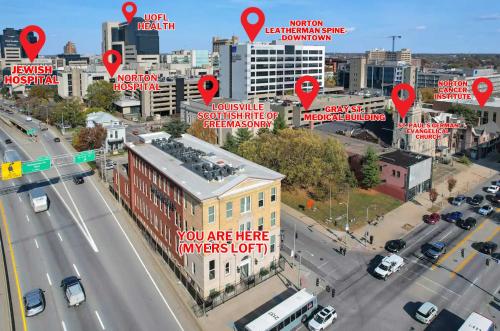 an aerial view of a city with roads and buildings at Bright and Modern Loft in Louisville # 208 in Louisville