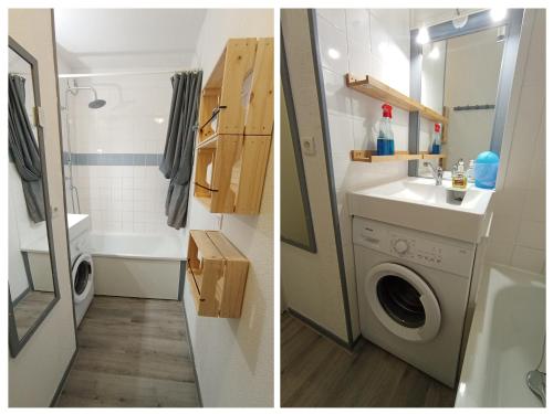 a bathroom with a sink and a washing machine at Appart terrasse Superdevoluy in Le Dévoluy