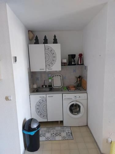 une petite cuisine avec un évier et une machine à laver dans l'établissement Appartement à 2 pas de la mer, à Canet