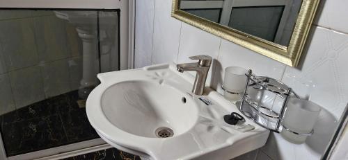 a white sink in a bathroom with a mirror at 5 Empologoma Cottage - Benanda Forest Resort in Masaka