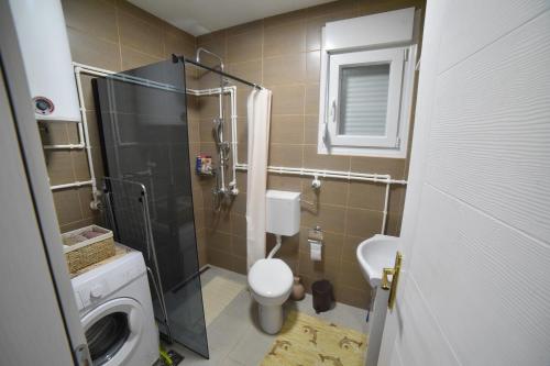 a small bathroom with a shower and a toilet at Šarganska Idila in Mokra Gora