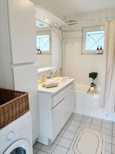 La salle de bains blanche est pourvue d'un lavabo et d'un lave-linge. dans l'établissement La petite Luss, à Colmar