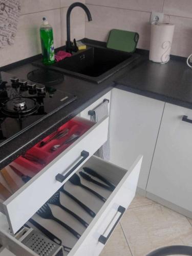 a kitchen with a sink and a stove at Apartament Komfort in Przemyśl