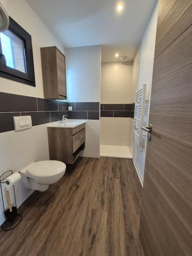 une salle de bain avec toilettes et lavabo dans l'établissement Appartement centre-ville 1, à Évreux