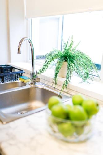 a bowl of green fruit sitting next to a sink at 3Bed Cottage - WiFi & Parking - Perfect for Contractors in Sunderland