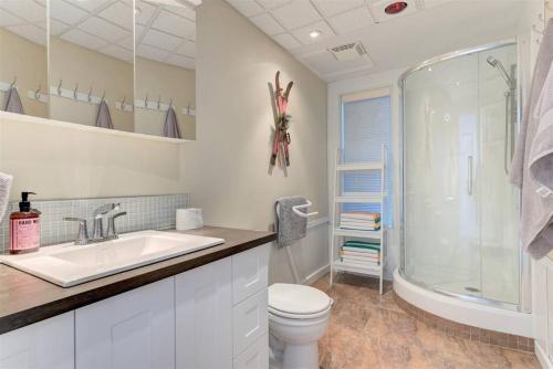 a bathroom with a sink and a shower and a toilet at Cozy Riverside Cottage Escape with SPA, Pool Table and Dock Access in Rigaud