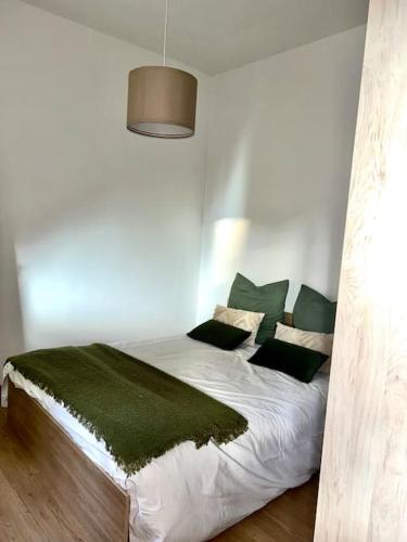 - une chambre avec un lit blanc et des oreillers verts dans l'établissement Appartement T2 - Chalon-sur-Saône, à Chalon-sur-Saône
