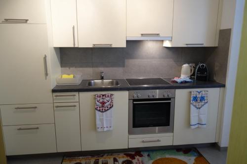 ツェルマットにあるスタジオ コリネッタの白いキャビネットとシンク付きのキッチン