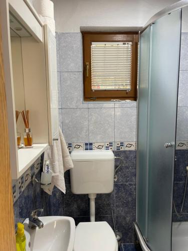 Un baño con inodoro, lavabo y ducha. en Apartman Kutak, en Šipovo