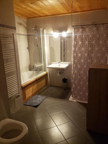 une salle de bain avec toilettes, lavabo et douche dans l'établissement Critérium C02, à Les Champs