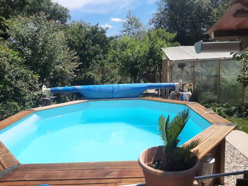 - une piscine avec un bassin bleu gonflable dans l'établissement Cottage champêtre, à Marmoutier