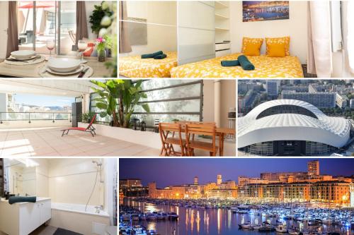 un collage de photos d'une chambre d'hôtel et d'une ville dans l'établissement Sweet Massilia - Wifi - Host Provence, à Marseille