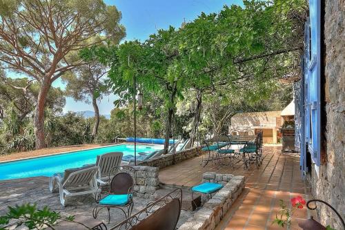 une image d'une piscine avec des chaises et une table dans l'établissement Le mas des pins, à La Roquette-sur-Siagne