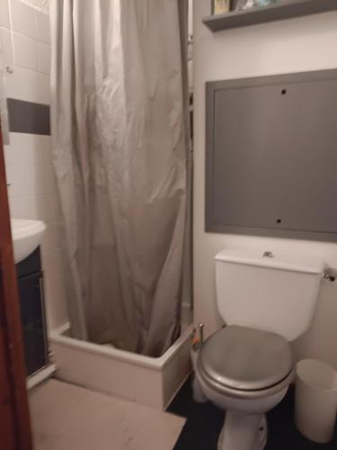 une salle de bain avec toilettes et rideau de douche dans l'établissement Studio 18 m2 tout confort 4pers location semaine du samedi au samedi au pied des pistes, à Valfréjus