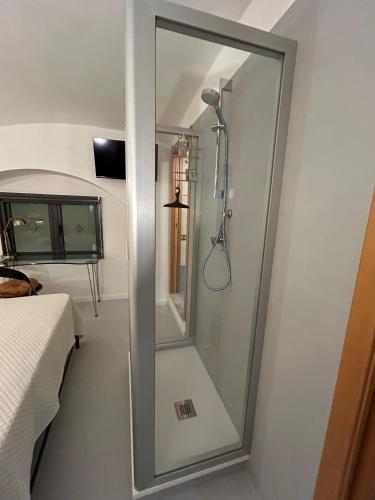a bathroom with a shower with a mirror next to a bed at Farrose in Naples
