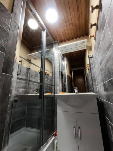 une salle de bain avec une douche, un lavabo et un miroir dans l'établissement Chalet Le Tam Tam - 3 pièces 6 personnes 2 expo sud MAE-6651, à Valloire