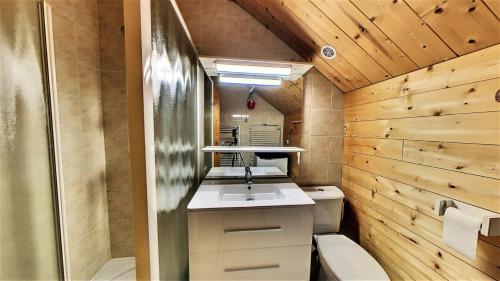une petite salle de bain avec un lavabo et des toilettes dans l'établissement Résidence La Louviere - Appartement dans Chalet pour 12, proche pistes MAE-6671, à Villarembert