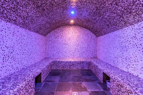 Cette chambre violette dispose d'un sol en pierre et d'un plafond violet. dans l'établissement Les Chalets Du Gypse - LES CHALETS DU GYPSE A06 MAE-3891, à Saint-Martin-de-Belleville