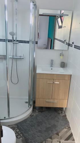 a bathroom with a shower and a sink and a mirror at Casa Azul in São Vicente
