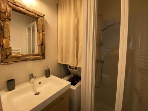 une salle de bain avec un lavabo et une douche avec un miroir dans l'établissement Résidence Apheratz - Magnifique studio cosy sur les hauteurs de la station des Deux Alpes MAE-3771, à Vénosc