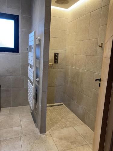 La salle de bains est pourvue d'une douche carrelée. dans l'établissement Les Jeanlene, à Saint-Barthélemy-le-Plain