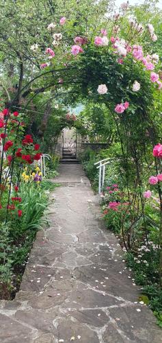 a garden with an arch with pink flowers at Три горішки in Yaremche