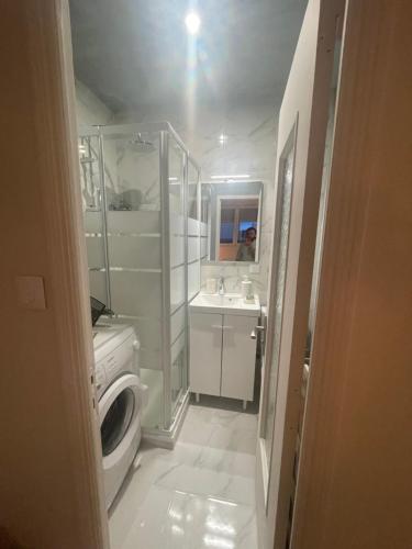 une petite salle de bains avec un lave-linge et un lavabo dans l'établissement Rayon de soleil, à Palavas-les-Flots
