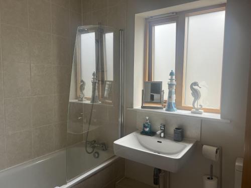 a bathroom with a sink and a shower at Tranquil Apartment in Norwich City Center in Norwich