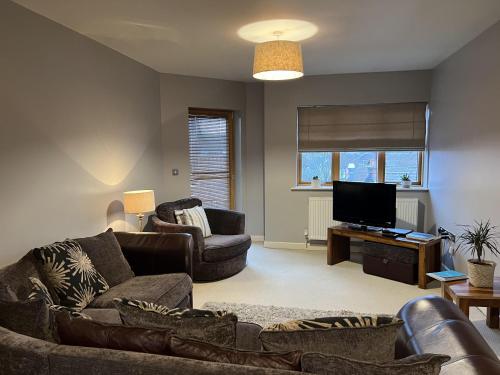 a living room with a couch and a flat screen tv at Tranquil Apartment in Norwich City Center in Norwich