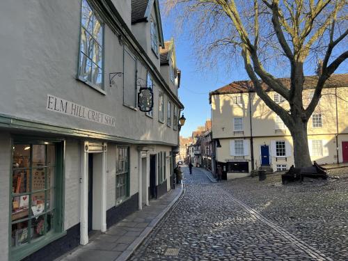 a cobblestone street in a town with a building at Tranquil Apartment in Norwich City Center in Norwich