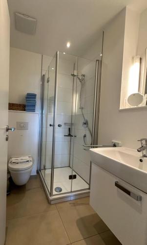 a bathroom with a shower and a toilet and a sink at Georg6 GEORG6 - Fewo 3 in Norderney