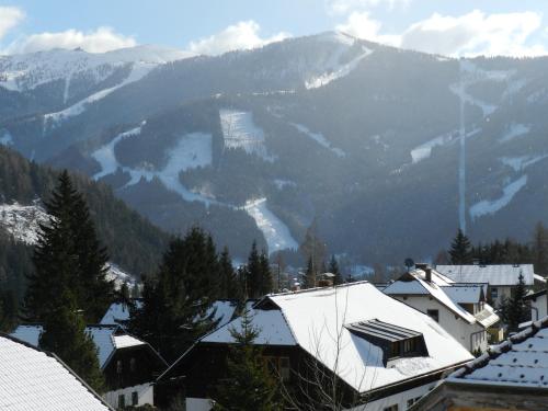 a view of a snow covered mountain range with houses at Haus Franz by ISA AGENTUR in Bad Kleinkirchheim