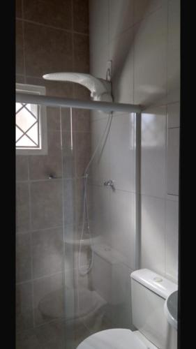 a bathroom with a shower and a white toilet at Chalé Aconchegante in Passa Quatro