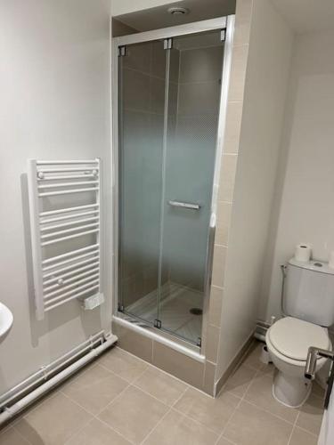 une salle de bain avec douche et toilettes dans l'établissement Appartement G, RESIDENCE DU RENOUVEAU, Stade de France, idéal pour 4 pers, à Saint-Denis