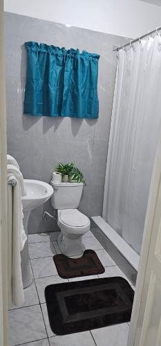 a bathroom with a toilet and a sink and a shower at SeaEsta Negril in Negril